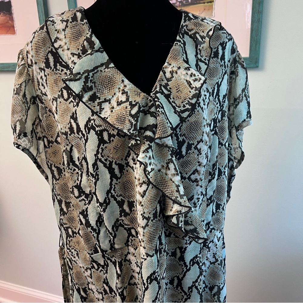 COPY - Soft green and black dress with black slip and belt snake pattern ruffles